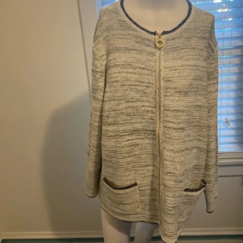 Belldini Gray/White/Black trim zip front cardigan, size 3X